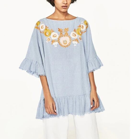 Zara Woman White Blue Gingham Check Print Floral Embroidered Tunic Top SZ Medium - Picture 10 of 11